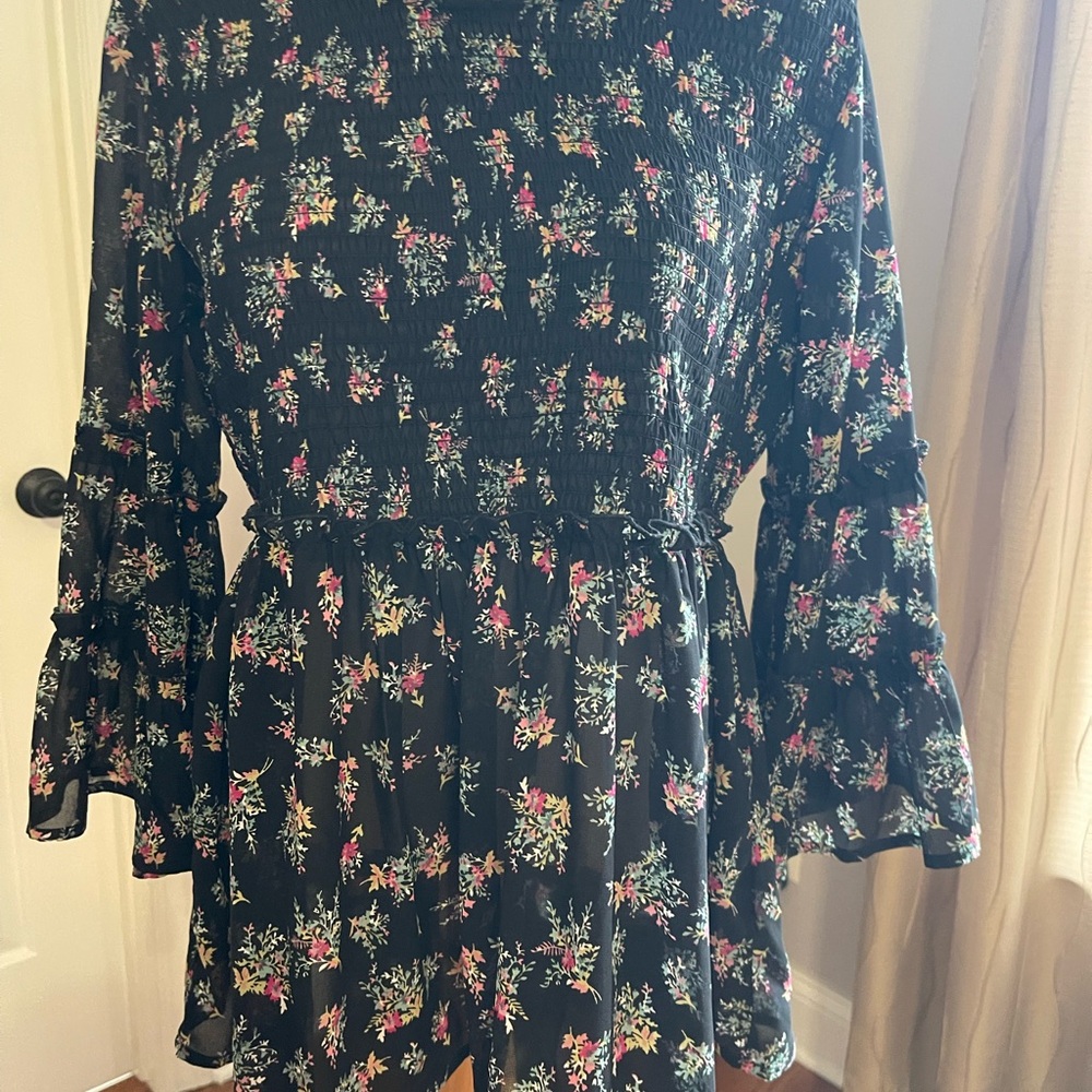 Magnolia Black Floral Smocked Mini Dress with Pink & Green new with tags large